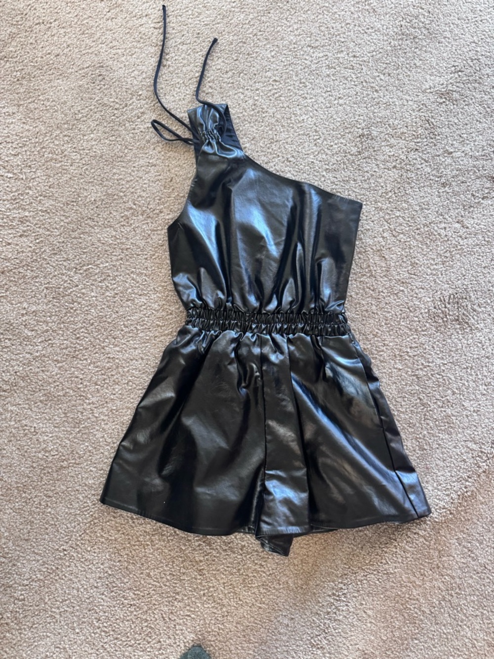 Lovers + Friends Black Faux Leather Halter Romper